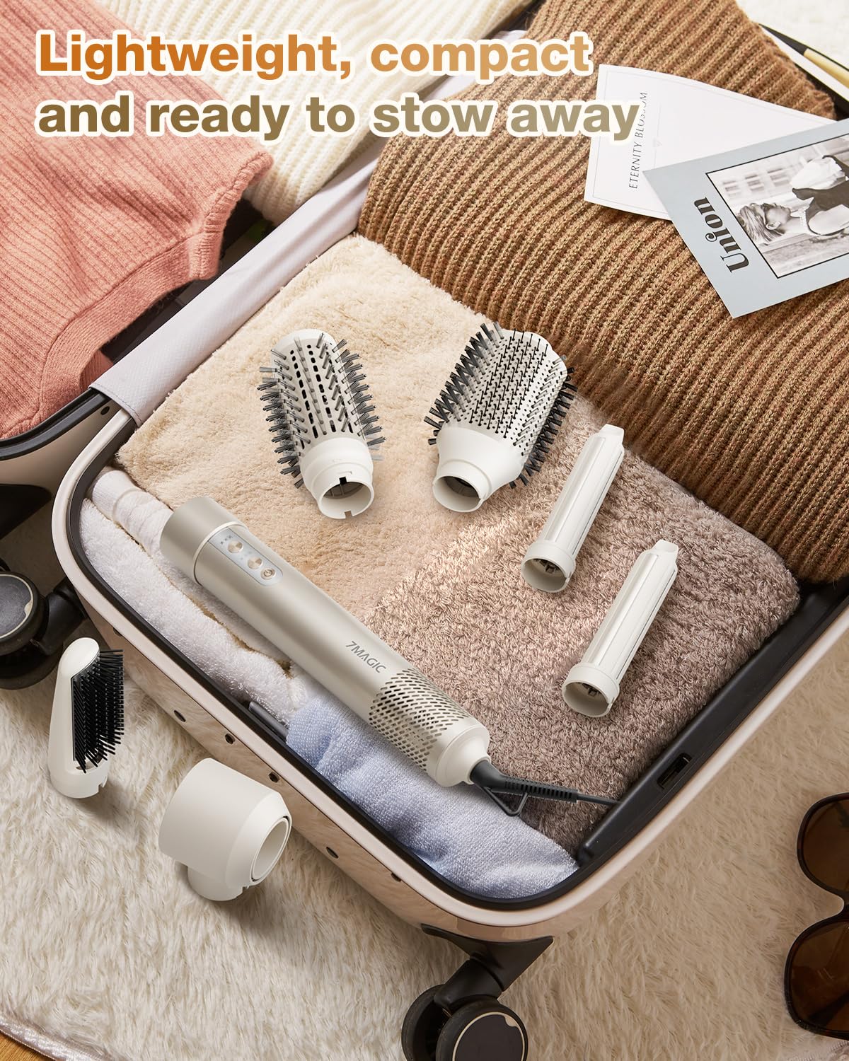 7MAGIC Hair Dryer Brush & 6 in 1 Hair Styler, Silver, 110 Volts, 1200 Watts, Ionic Technology, Fast Drying, Multi Styler for Straight, Wavy, Curly, and Coily Hair,Rose Gold