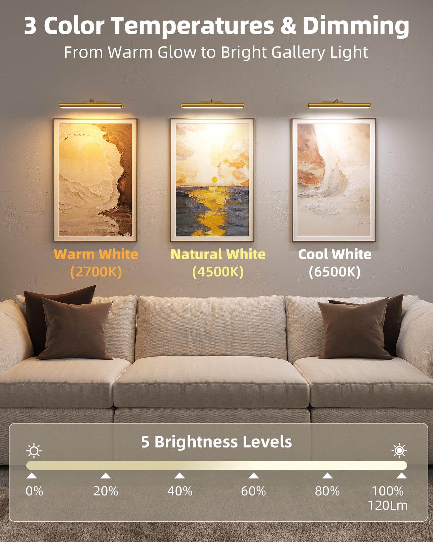 EZVALO 16" Picture Lights for Wall, 6000mAh Rechargeable Art Light with Remote, 3 CCT & Dimmable, Battery Operated Gallery Light Wireless, Frame Painting Light for Poster, Artwork (Gold,1 Pack)