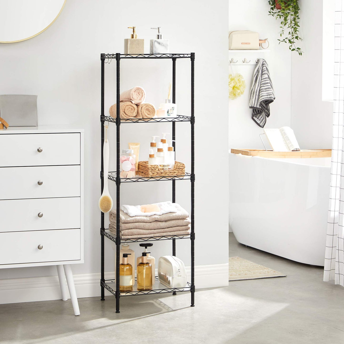 SONGMICS 5-Tier Metal Storage Shelves, Kitchen Wire Shelving Unit, Storage Rack with Adjustable Shelves, Shelf Liners, 8 Hooks, for Garage, 30 x 40 x 121 cm, Black ULGR115B01