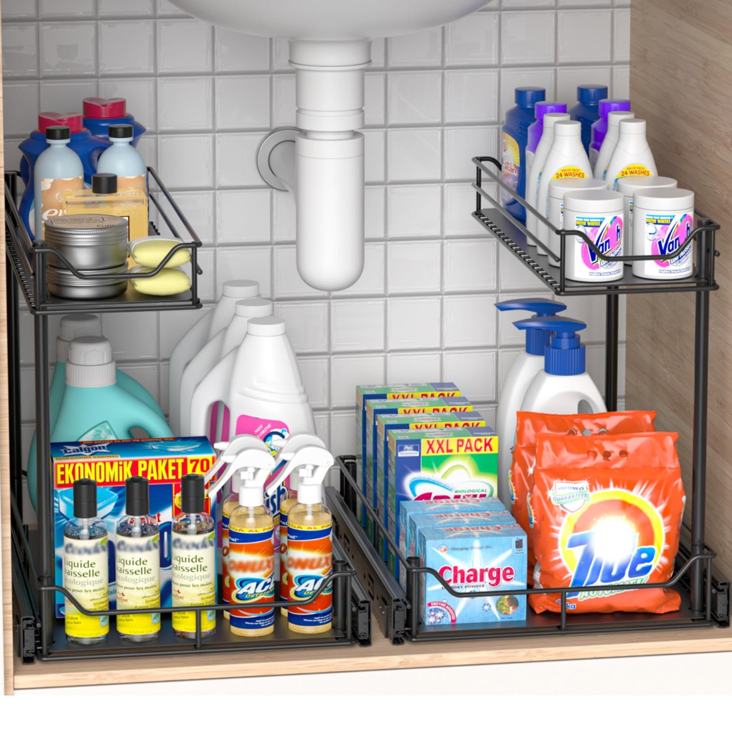 2 Pack Heavy Duty Under Sink Organizer, Pull Out Cabinet Organizer for KItchen Bathroom, 2 Tier Kitchen Sink Organizer and Storage, Fully Extendable, Large-sized, 16.7"D x 13"W x 15.7"H