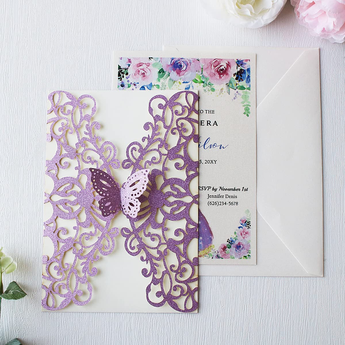 KUCHYNEE 50PCS 5.1 x7.3 Inch Purple Glitter Laser Cut Quinceanera invitations kit Hollow Floral Butterfly Pocket Invitation for Quincenera Wedding Invite (Purple Glitter)