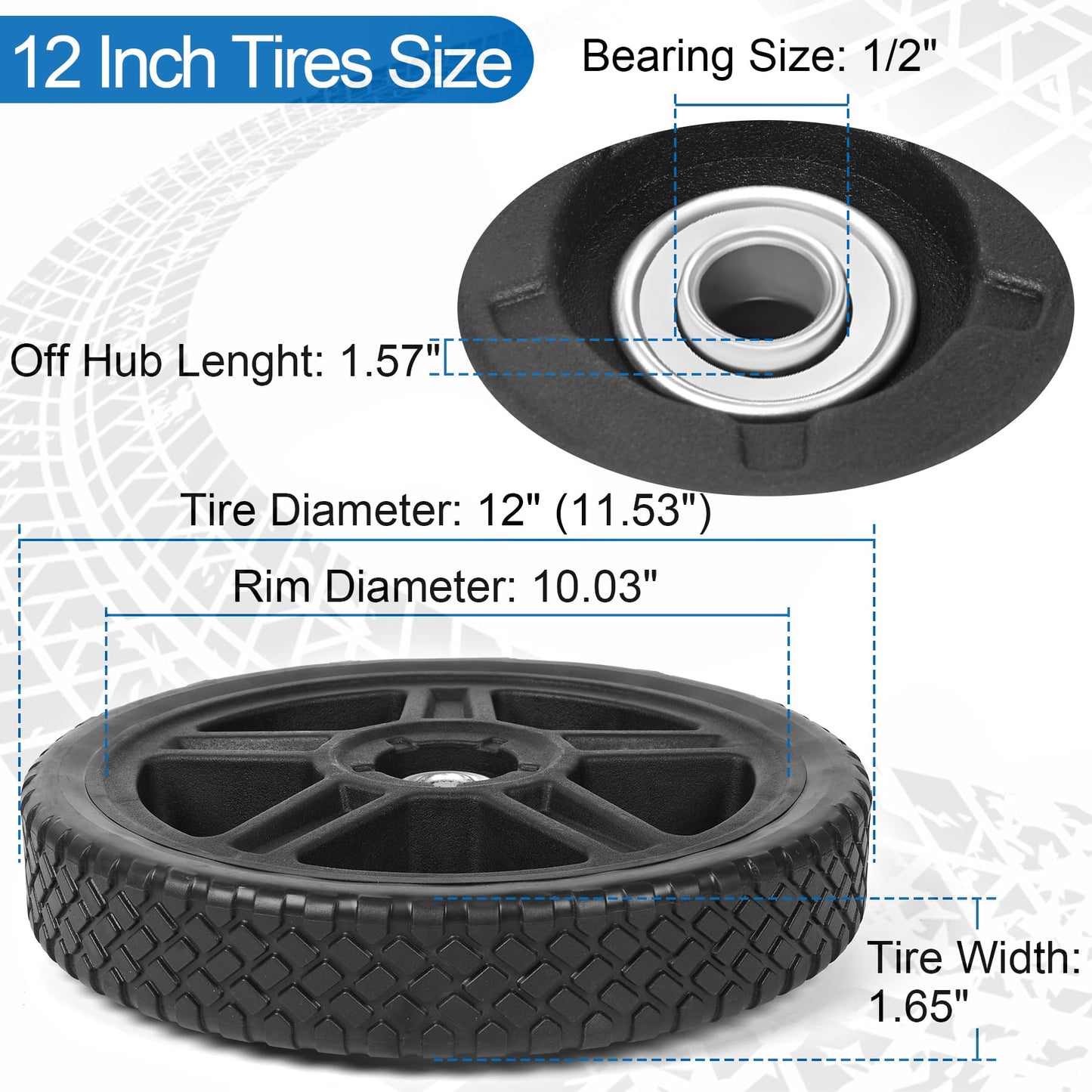 phepetroll 12 Inch Lawn Mower Wheels Kits Universal 12" Push Mower Wheels with 1/2" Bearing, Bolts & Nuts, Plastic Replacement Tires for Most Standard Garden Tiller, Pressure Washer, Handtruck, 2 Pack
