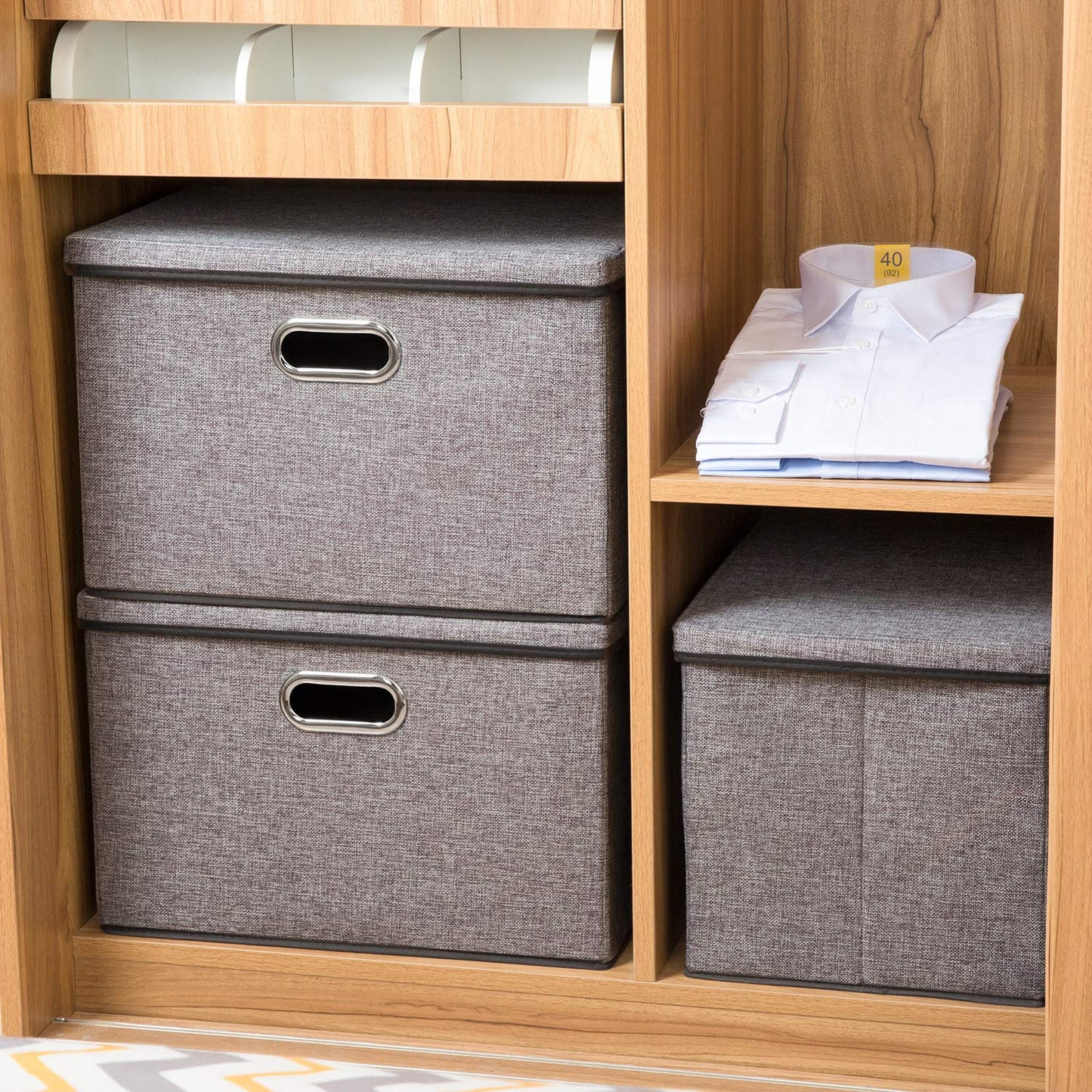 PRANDOM Large Collapsible Storage Bins with Lids [3-Pack] Linen Fabric Foldable Storage Boxes Organizer Containers Baskets Cube with Cover for Home Bedroom Closet Office Nursery (17.7x11.8x11.8")