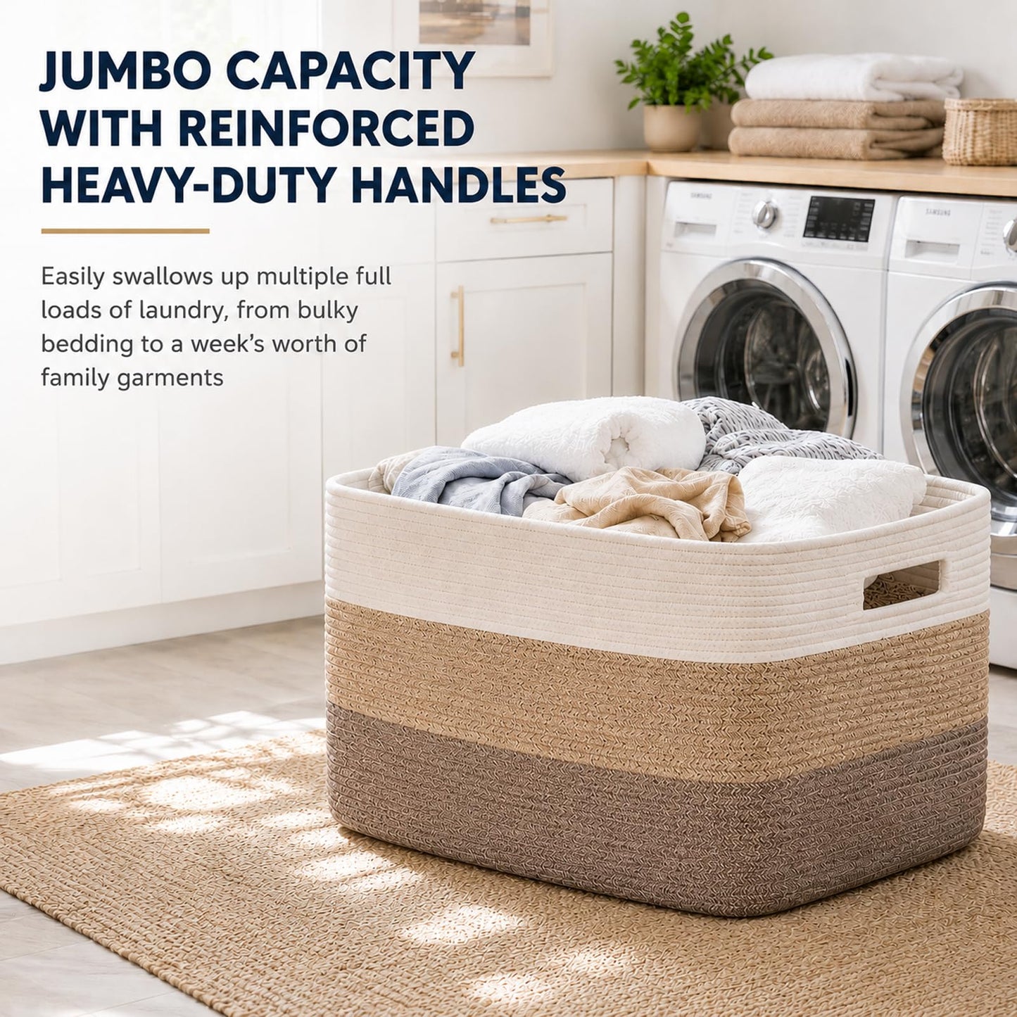 OIAHOMY Large Blanket Basket 22”x17”x12”, Woven Nursery Cotton Rope Baskets for Storage, Living Room, Toy Organizing With Handle-Gradient Yellow