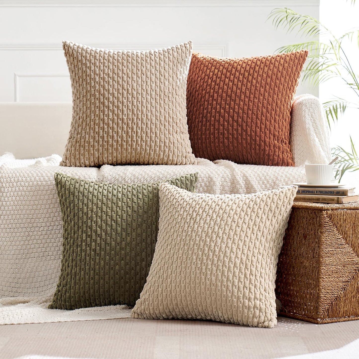 MIULEE Pack of 4 Rust-Olive Green Throw Pillow Covers 18x18 Inch Soft Corduroy Decorative Boho Striped Pillow Covers Pillowcases Modern Farmhouse Home Decor for Couch Bed Sofa Living Room