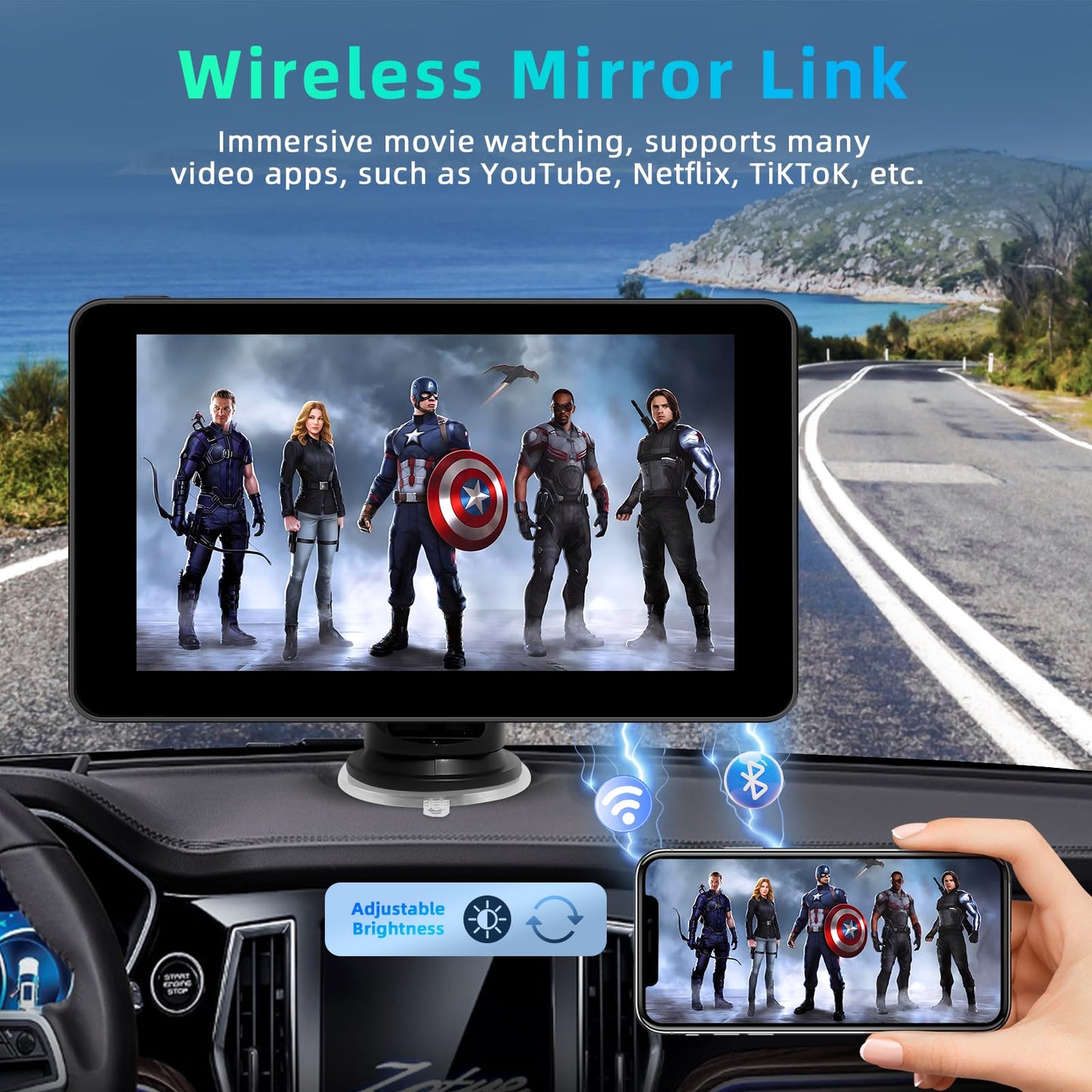 7 Inch Apple Carplay Screen for Car, Wireless Carplay Touchscreen for Apple Car Play and Android Auto with 1080P HD Backup Camera, Bluetooth, FM, AUX, Voice Control, Mirror Link, GPS Navigation