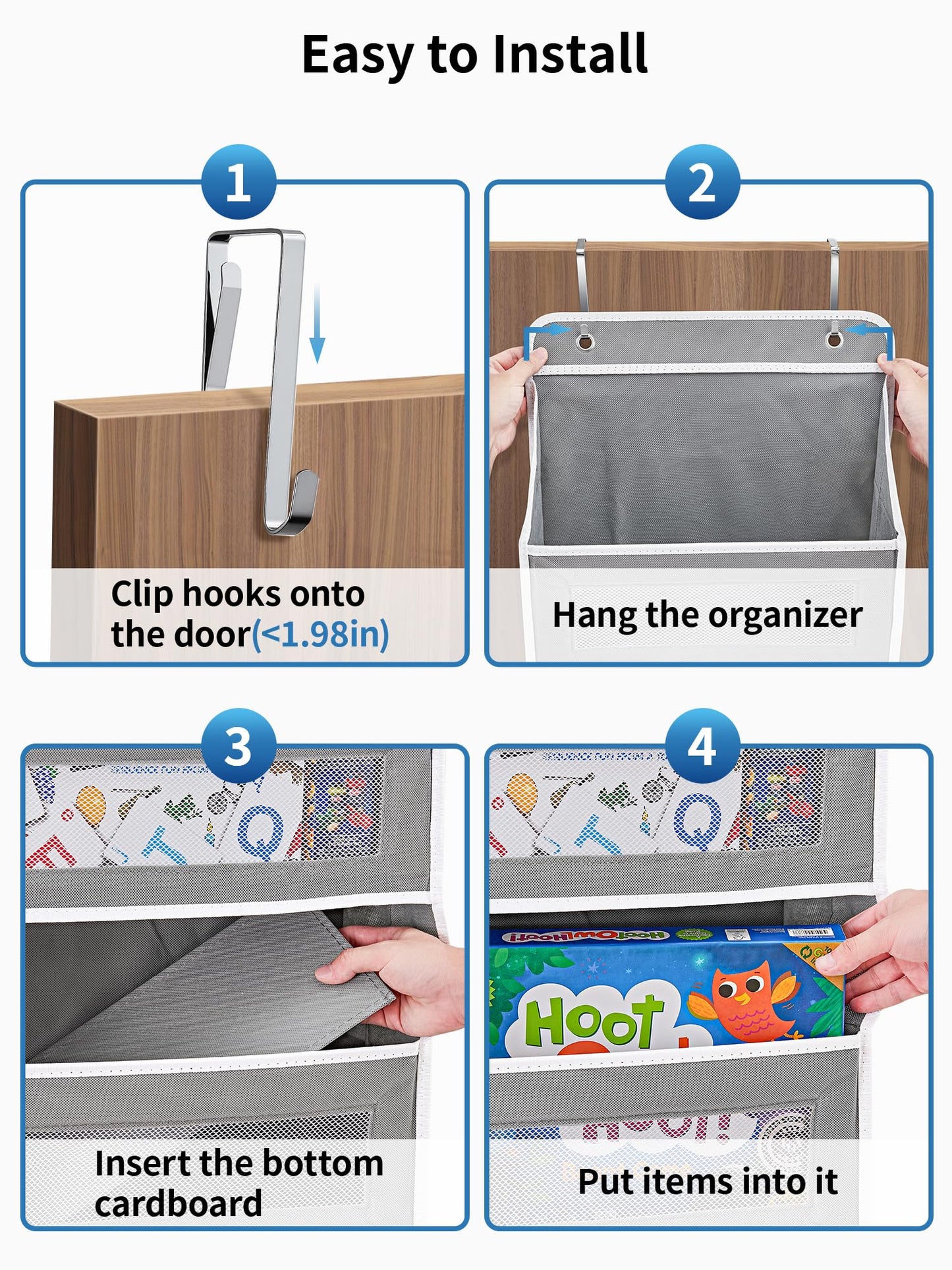 JARLINK 2 Pack Over the Door Organizer Storage, 5 Shelf Hanging Door Organizer with 5 Large Capacity Pockets, Anti Tilt 44 lb Load Behind Door Storage for Bedroom, Bathroom, Pantry, Nursery, (Grey)