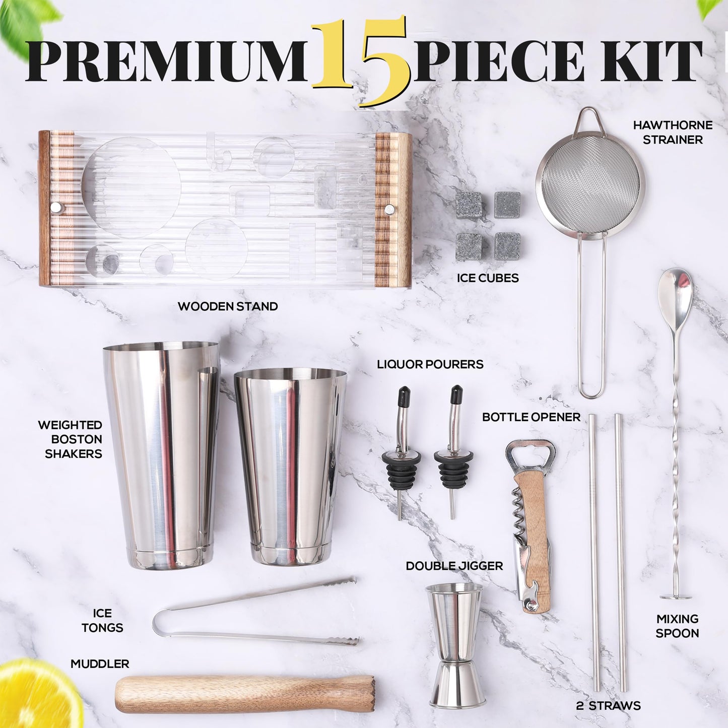 Mixology Bartender Kit with Wood Stand - 18 Piece Bar Tool Set, Silver Bar Set Boston Shaker for Drink Mixing Includes Boston Shaker, Jigger, Hawthorne Strainer, Mixer Spoon, Tongs, Opener | Gift Idea