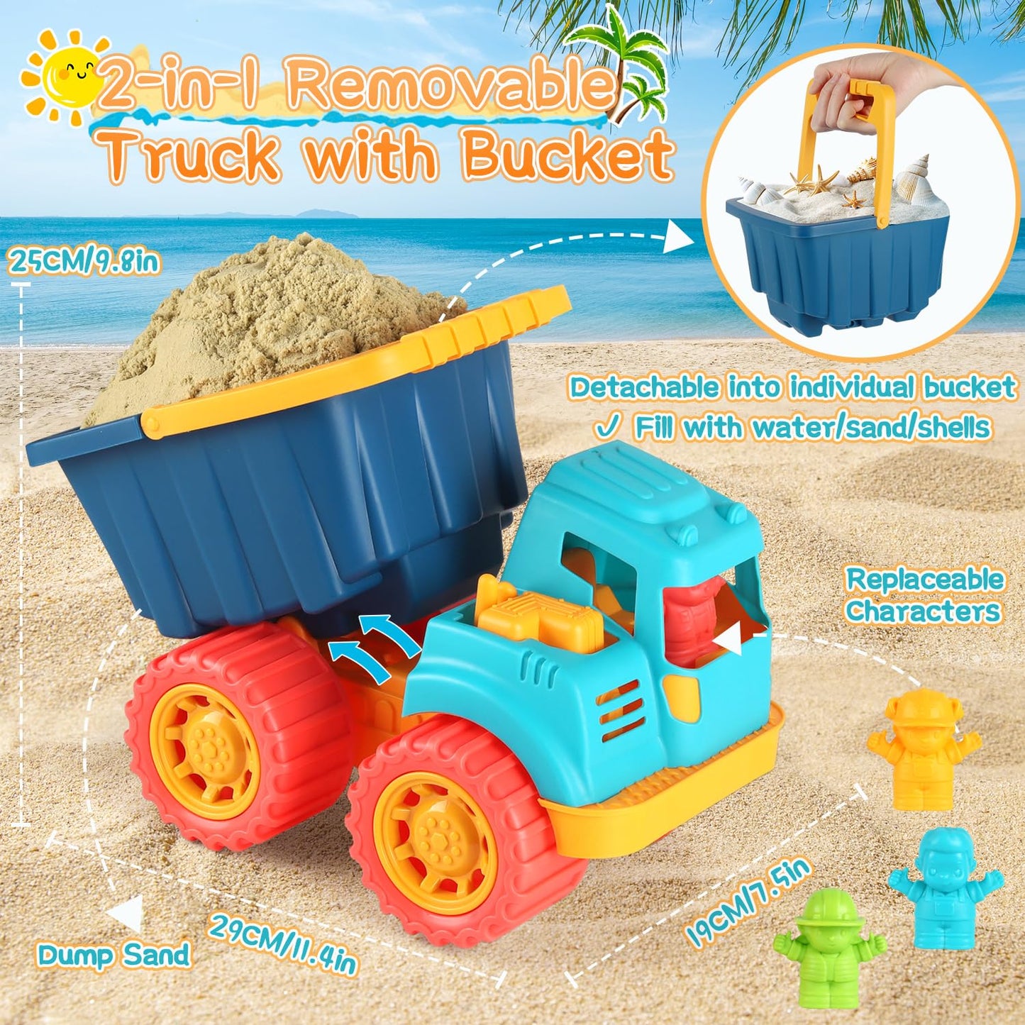 Elovien Beach Sand Toys, Large Dump Truck with Bucket, Sandbox Toy Construction Building Kit with Mesh Bag, Sand Molds, Shovels, Rakes, Summer Outdoor Travel Toys for Kids Toddlers Boys Girls