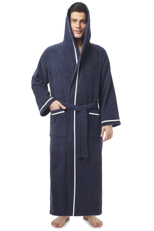 Arus Men's Hooded Classic Bathrobe Turkish Cotton Robe with Full Length Options, Navy Blue With White Border, XX-Large Extra Tall