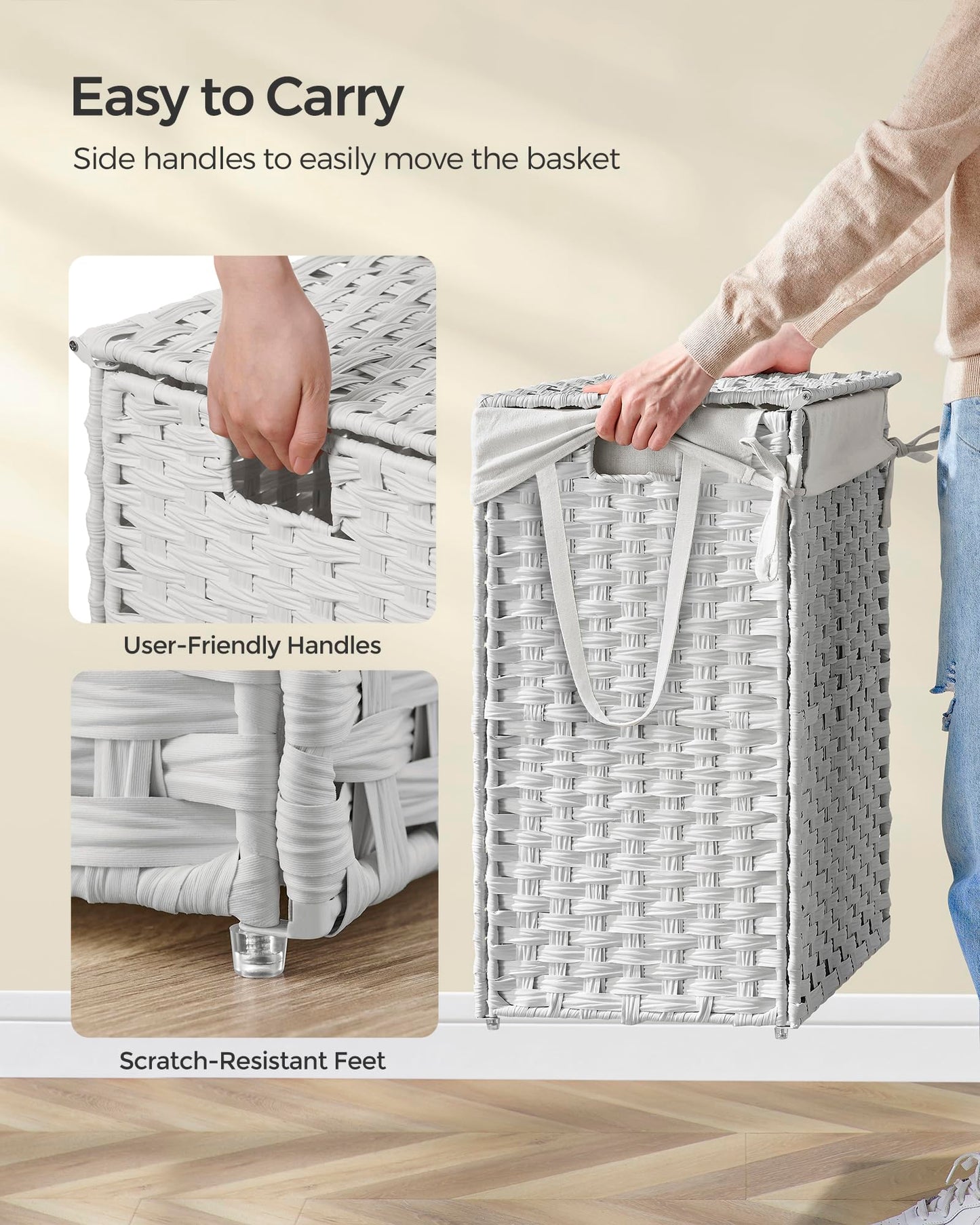 SONGMICS Laundry Hamper with Lid, 23.8 Gallon (90 L) Synthetic Rattan Clothes Laundry Basket with Lid and Handles, Foldable, Removable Liner, Snow White ULCB051W01V1