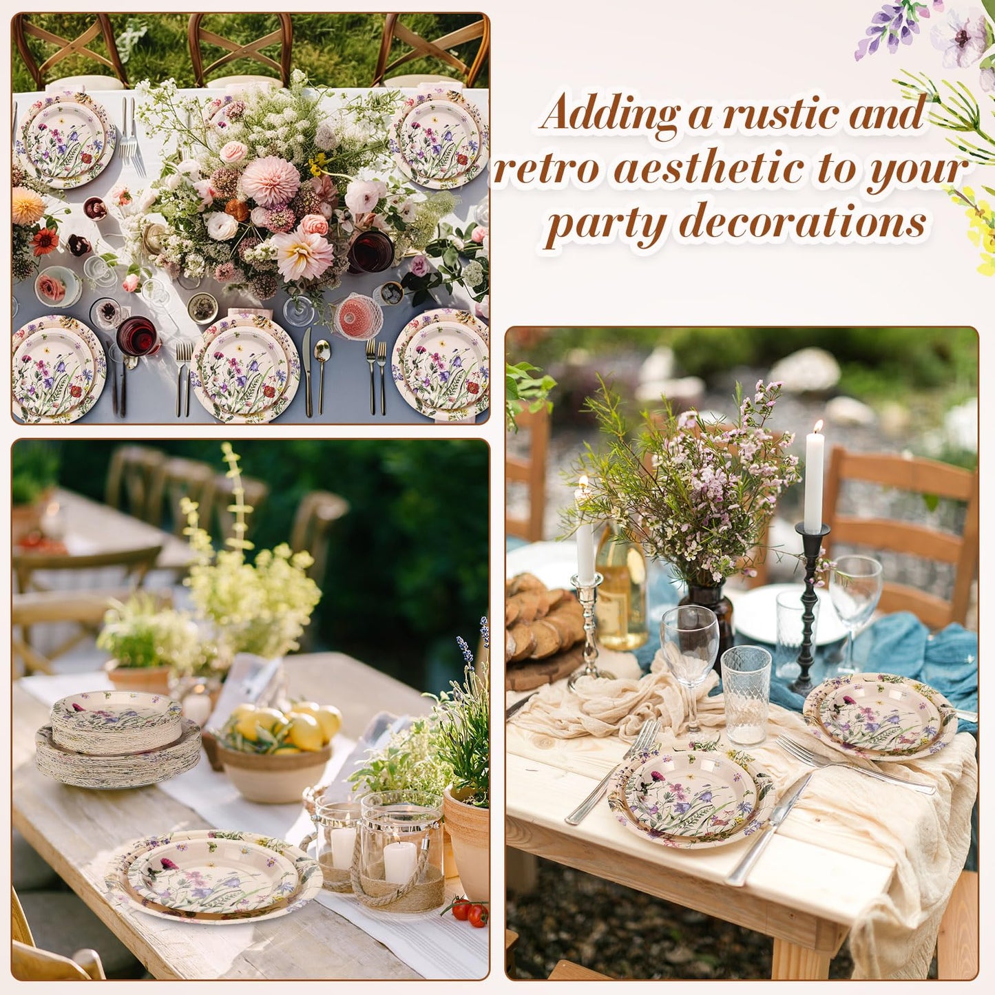 Mumufy 100 Pack Floral Paper Plates 9 & 7 Disposable Wildflower Dessert Plates Dinner Tableware Floral Party Decoration for Easter Garden Spring Tea Party Baby Shower Wedding Birthday Supplies