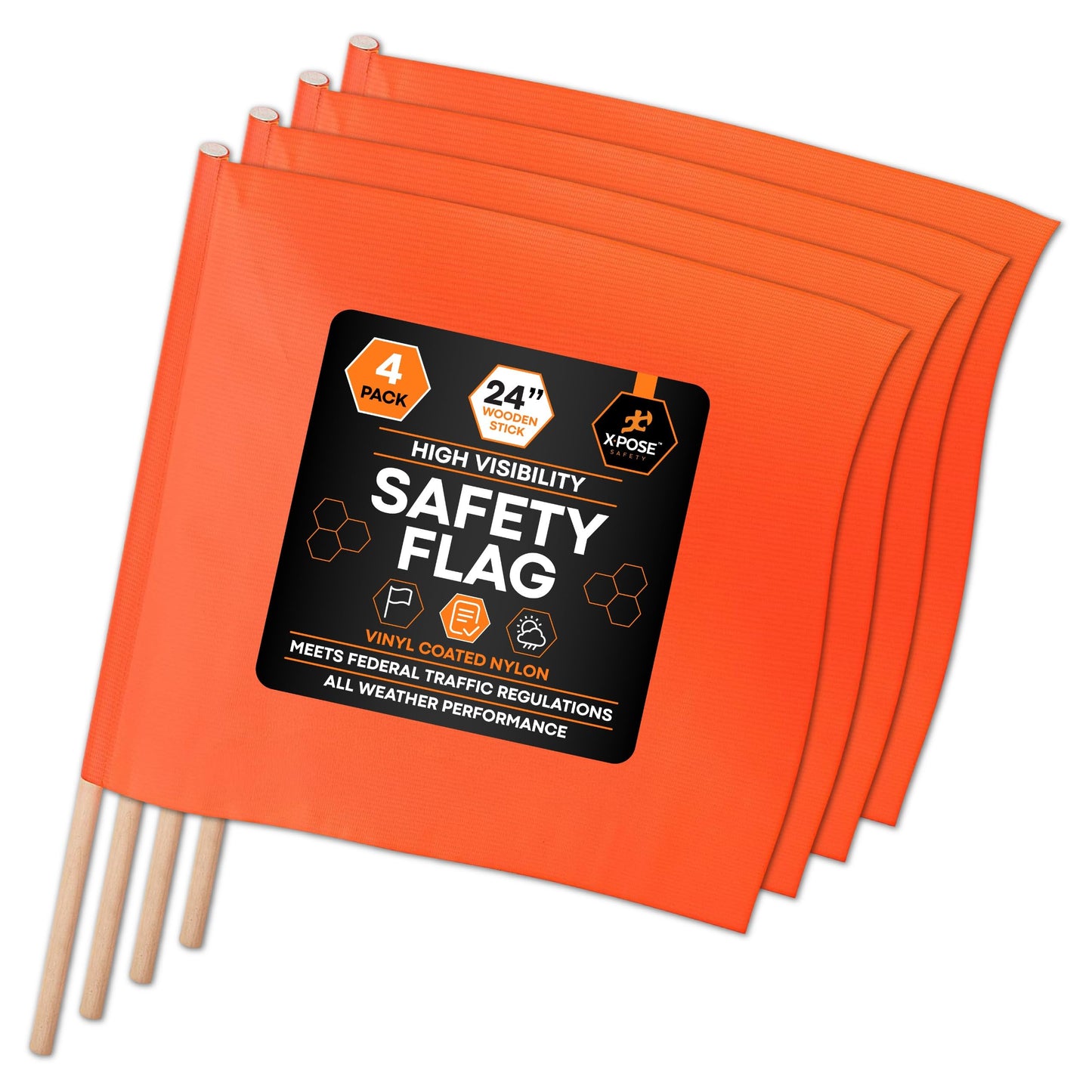 Orange Safety Flags - 18" x 18" Warning Flag with 24" Wood Staff, Square - Oversize Signs - Wide Load & Caution for Roof - Oversized Load for Truck Loads, Towing (4)