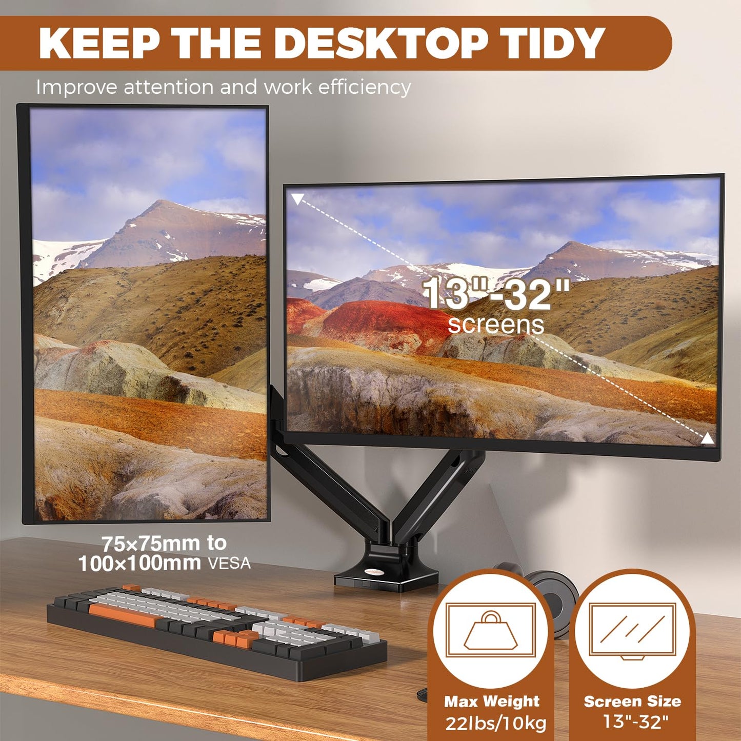 Charmount Dual Monitor Stand and Mount, Dual Monitor Arm for Screens Up to 32 Inch,Double Monitor Desk Mount,Vesa Mount 75x75mm to 100x100mm,Max Load 22lbs