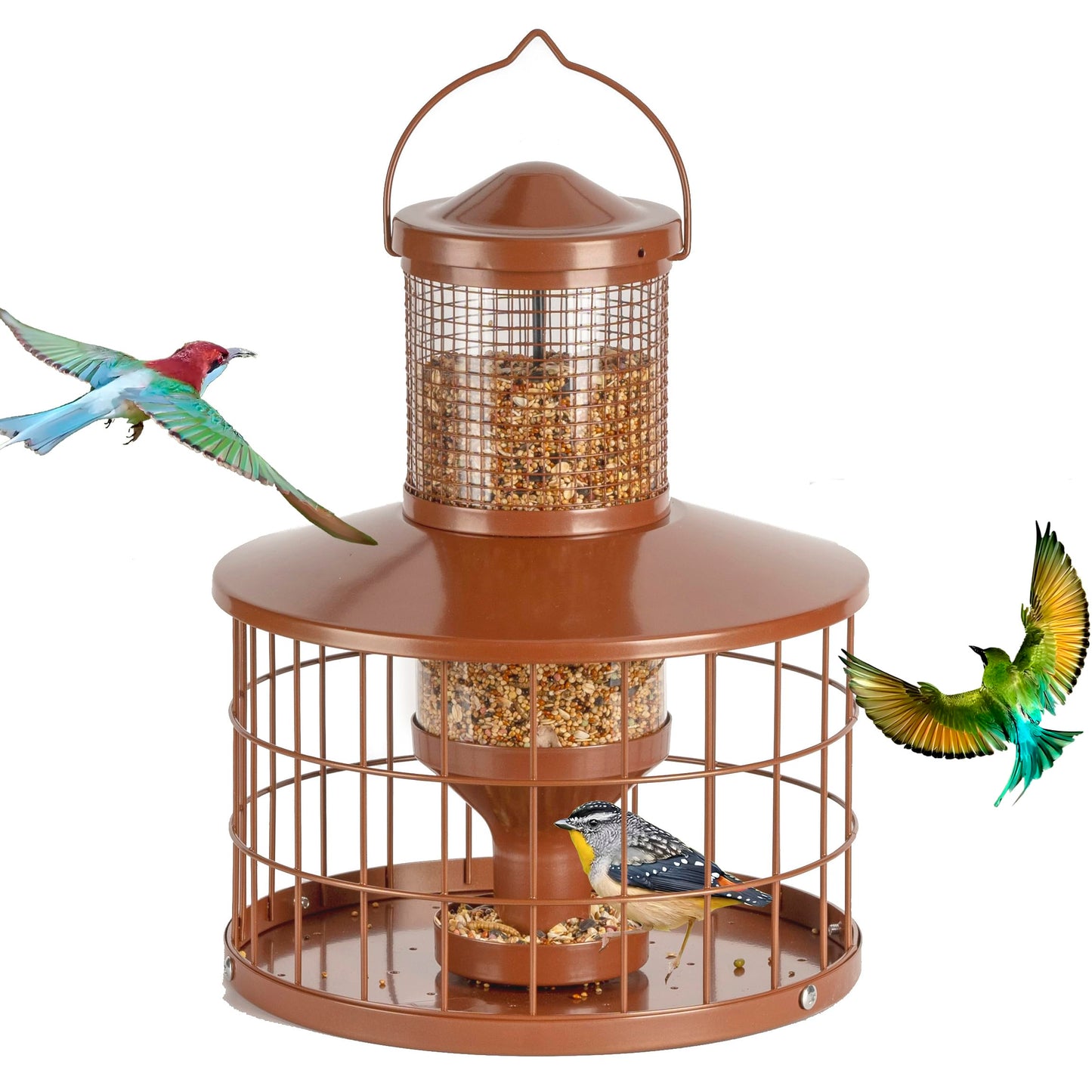 Caged Bird Feeders Squirrel-Proof, Metal, 2.8 Lbs Capacity-Cage Tube Seed Feeders with Tray Outdoor Hanging, Attract Birds,Detachable Cleaning, Starling Proof Wild Bird Feeder（Brown）