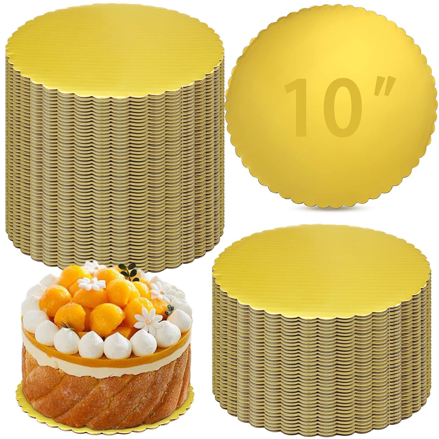 50 Pack Round Cake Boards, 10 Inch Gold Cardboard Cake Circles, Greaseproof Disposable Baking Plates Trays Rounds for Cakes Cupcakes Pie, Birthday, Wedding, Christmas, Bakery
