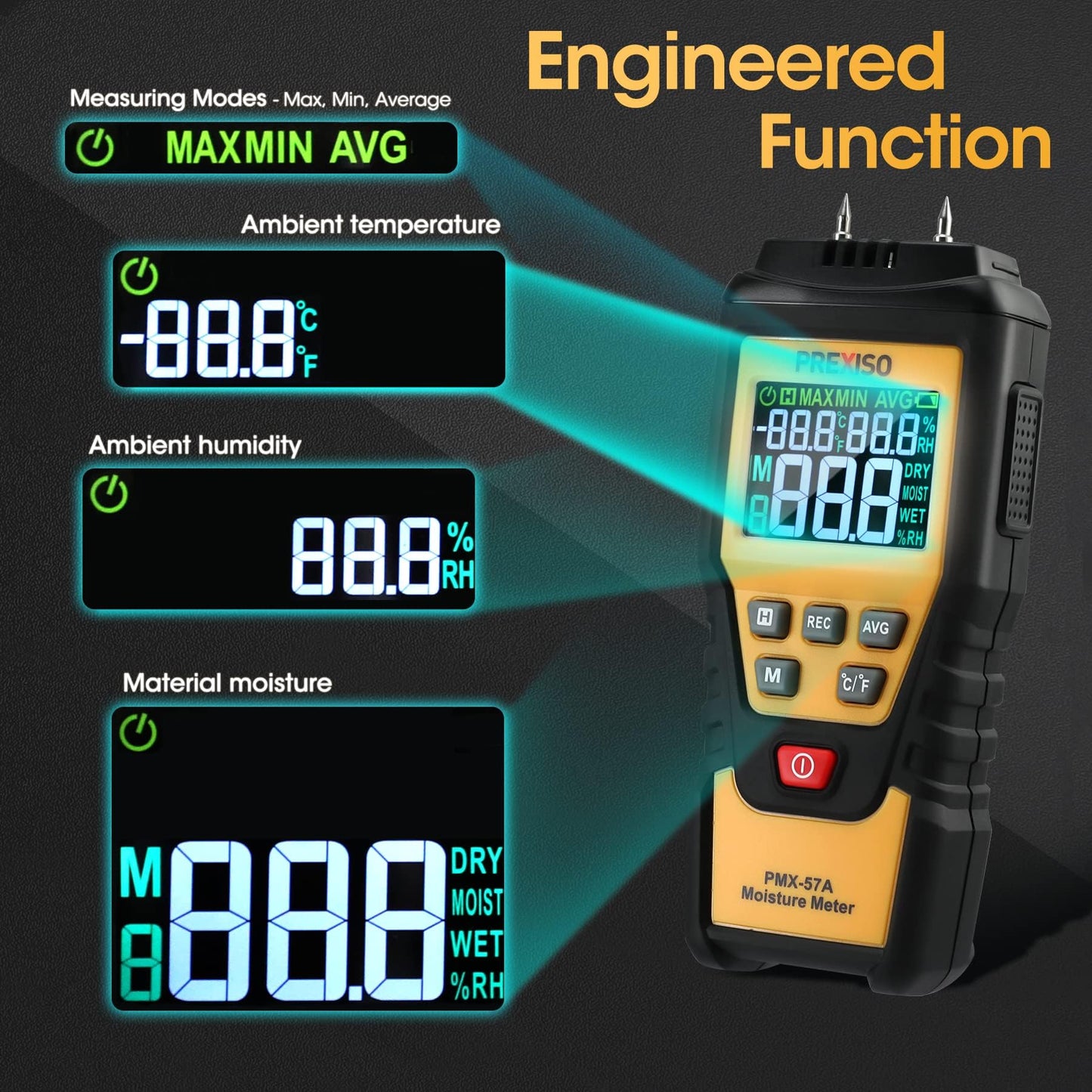 PREXISO Wood Moisture Meter, 7 in 1 Digital Humidity Detector for Lumber, Firewood, Walls, Drywall, Floor, Water Leak Detector, High-Precision Pin Moisture Meter