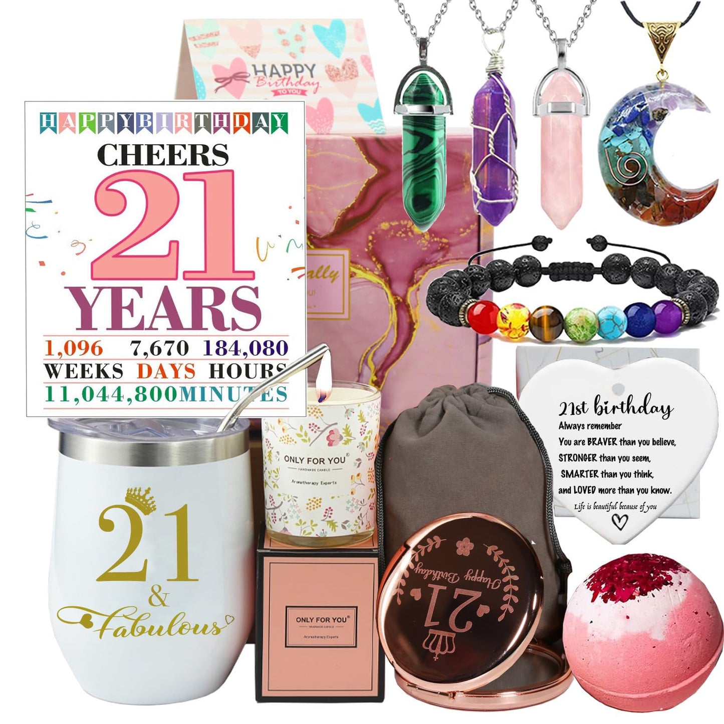 Carselage 21st Birthday Gifts for Her, Unique 21 Years Old Crystal Gifts Basket Decorations for Women, Friends, Younger Sister, Daughters, BFF, Granddaughters