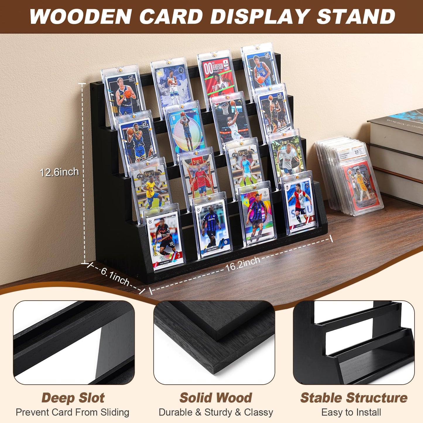 Emfogo Display Stand, 4-Tier Trading Card Display, Wooden Graded Baseball Sports Card Display, Trading Cards Display Case for Collection & Show (Black)