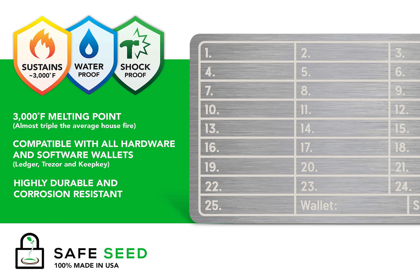 Safe Seed Metal Wallet Titanium Edition 12-25 Word Recovery Passphrase Stamp Plate Cold Storage Bitcoin Ethereum ETH Cardano XRP Litecoin Dogecoin Solana Cryptocurrency Crypto