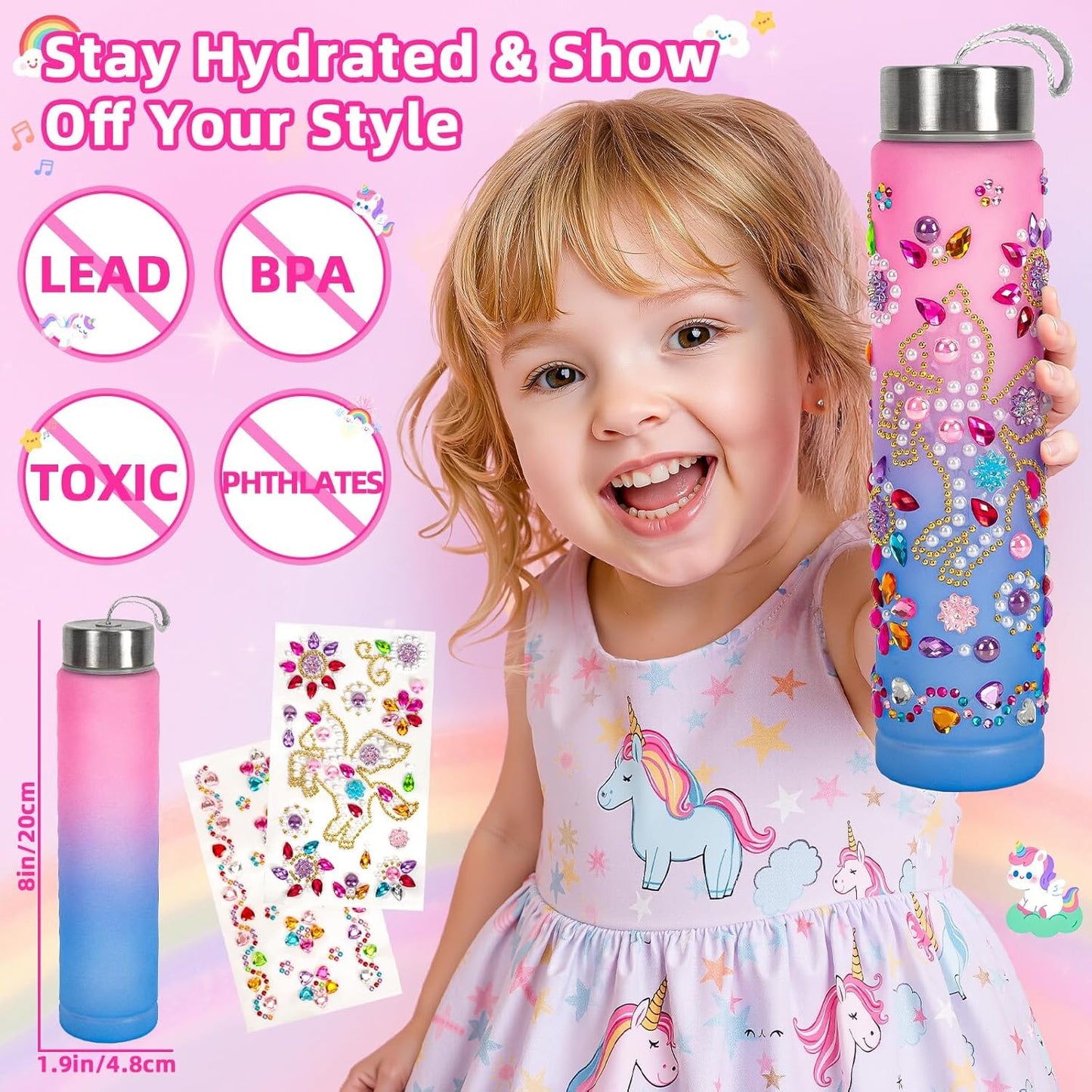 Hohosunlar Play Purse for Little Girls Toddlers, Kids Handbag w/ Pretend Makeup, DIY Unicorn Water Bottle, Toy Phone, Watch, Wallet Cards Stickers, Princess Christmas Birthday Gift Toy for Girls 3-12