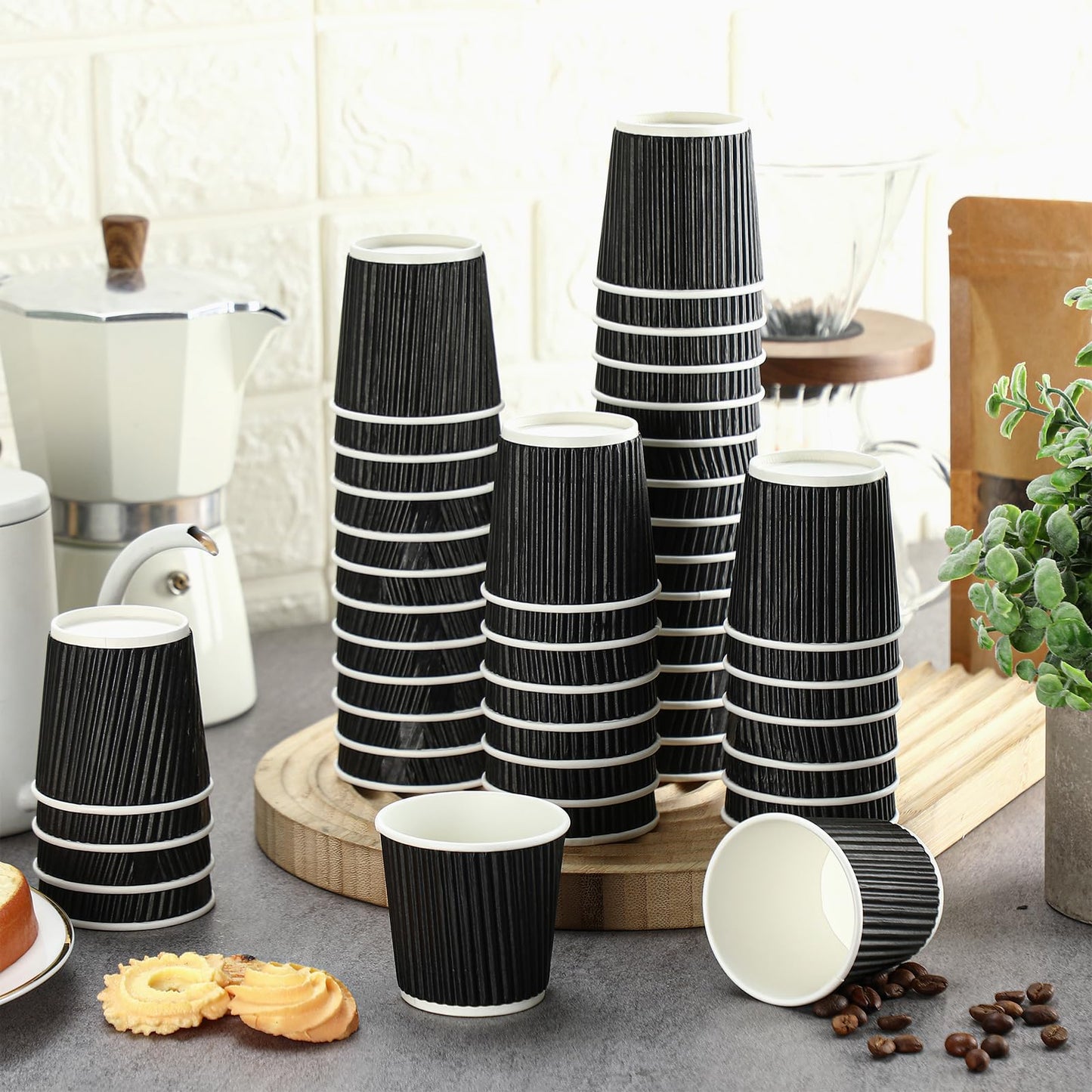 Yaomiao 200 Pcs 4 oz Disposable Espresso Coffee Cups Ripple Corrugated Paper Insulated Hot Cups for Party Cold Drinks Hot Beverage Tea(Black)