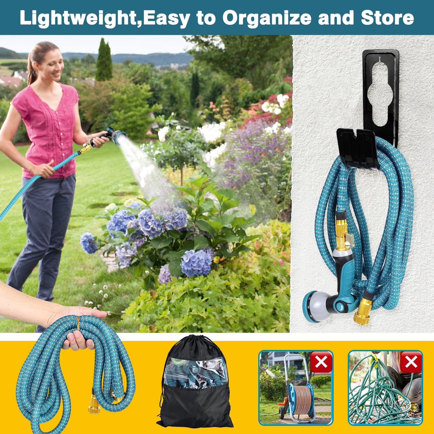Expandable Garden Hose 100ft with 10 Spray Functions Nozzle,Kink Free Lightweight Retractable Watering Pipe with Hook,Storage Bag,3/4 Solid Solid Fittings,3-Layers Latex,Blue