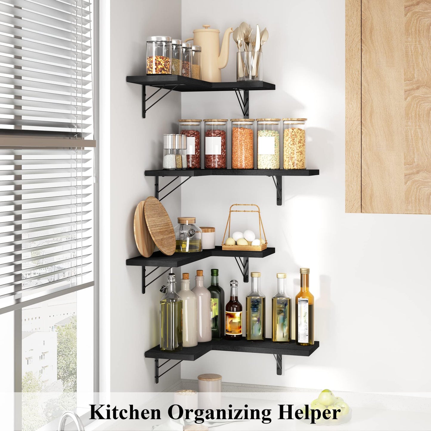 Love-KANKEI Corner Shelf Wall Mounted, Floating Wall Shelves for Storage, Rustic Wood Hanging Shelves for Display, Bathroom Kitchen Bedroom Living Room, Set of 4, Black