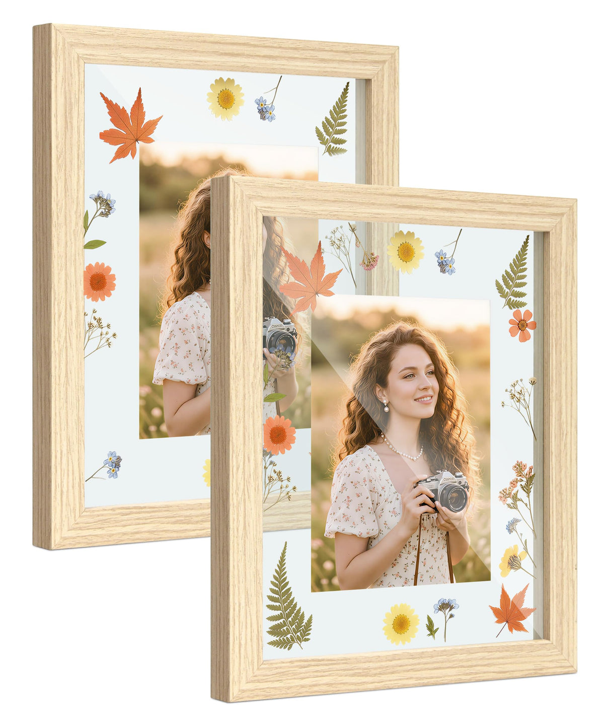 Sonefreiy Floating Picture Frames 8x10 Set of 2, Wooden Photo Frame Double Glass Pressed Flower Frames 5x7 Wall & Tabletop Display Photo or Postcard, Christmas Gifts, Gift for Wedding Family Friends