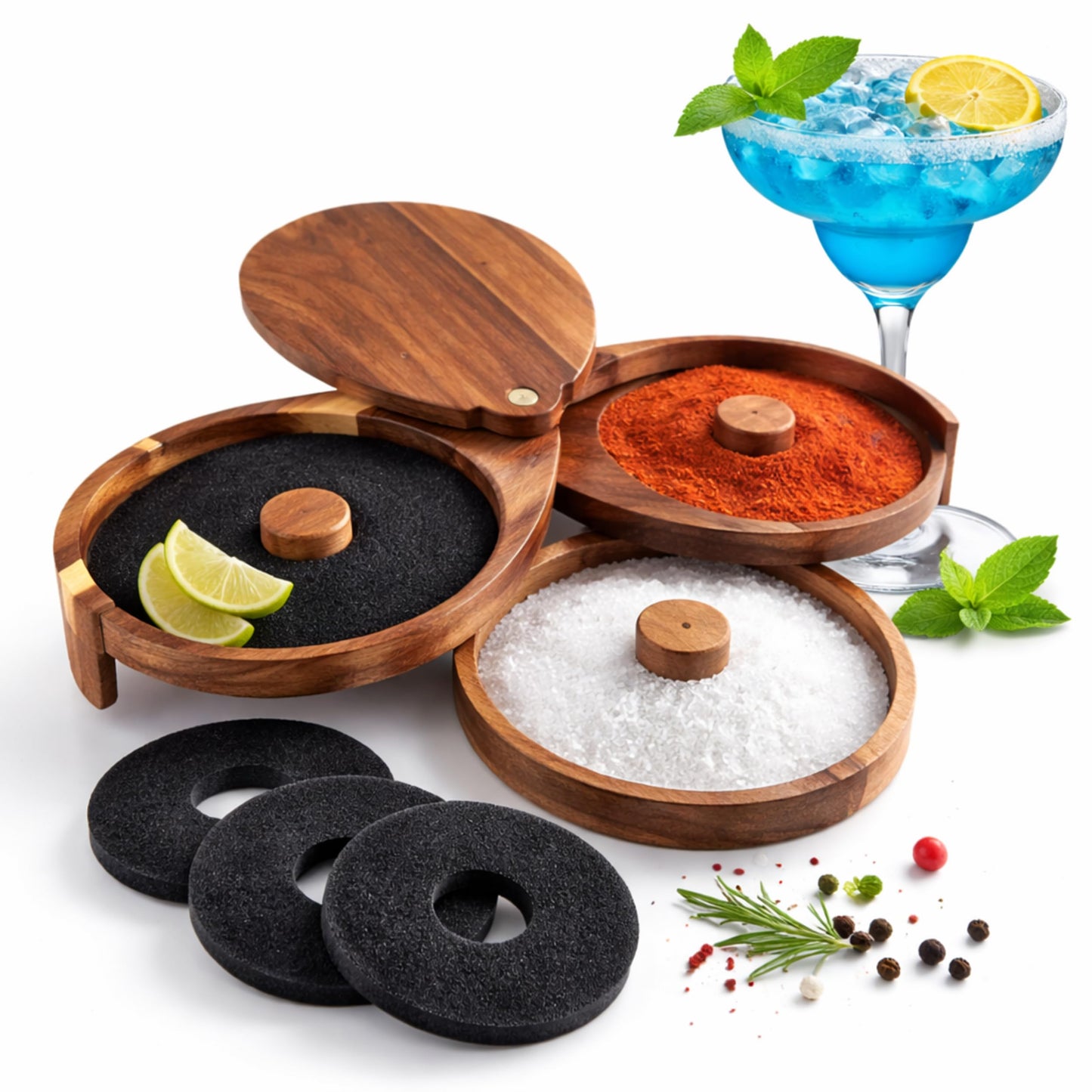 3-Tier Margarita Salt Wood Rimmer Tray Set – Brown Acacia Wood Cocktail Rimmer with Lid Includes 3 Sponges for Sugar Rimmer for Cocktails Rim Salt for Cocktails Margarita Gift Sets