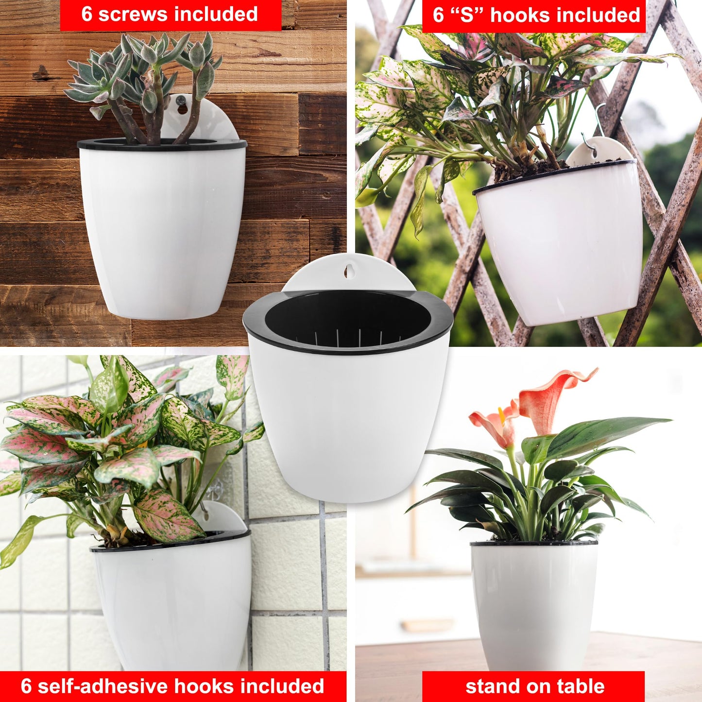 6 Pack Hanging Planter Pots Self Watering Vertical Garden Wall Mount Window Hang Round Plastic Container Indoor Outdoor for Plants Flowers Succulent Kitchen Living Herbs Holder Decor Decoration White