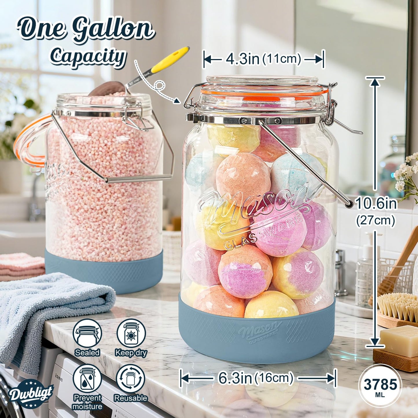 1 Gallon Glass Jars with Airtight Lids 2 Packs, Wide Mouth Mason Jars with Clip Top Lids & Stainless Steel Handle & Silicone Base, Glass Storage Containers for Kitchen Storage, Pickling - Dual Scale