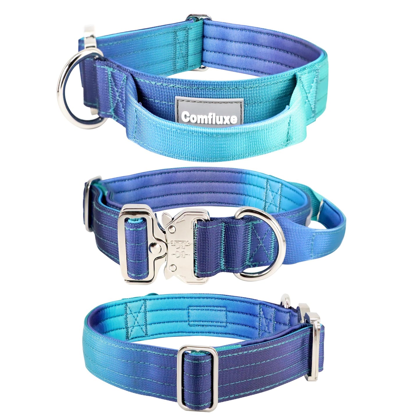 Comfluxe Tactical Dog Collar, Wide Thick Heavy Duty Dog Collar with Handle, Soft Neoprene Padded Military-Grade Nylon Training Collar with Quick Release Metal Buckle for Large Dogs (Blue, M)
