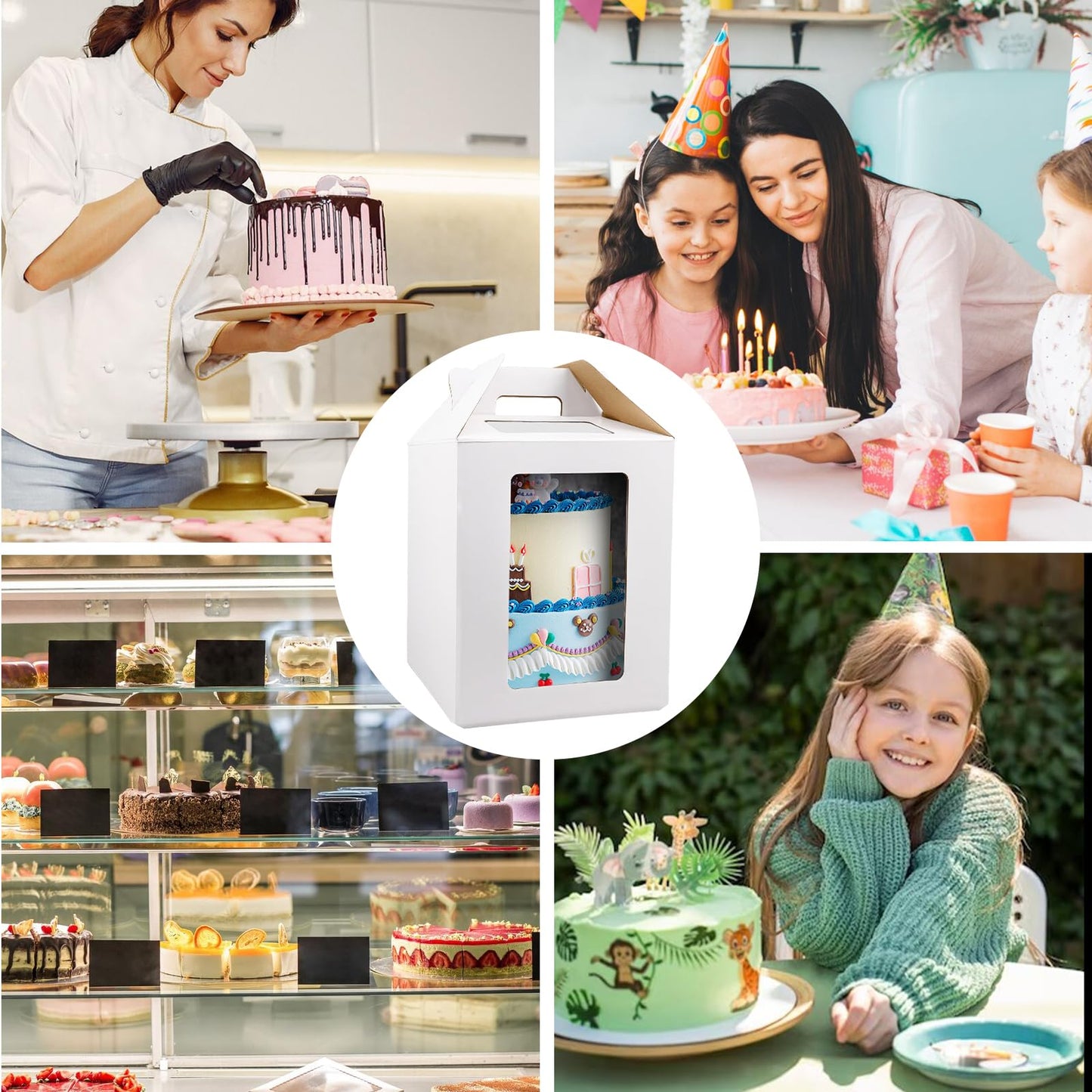 4 Pack Tall Cake Boxes with Windows, Large Tiered Cake Boxes 2 Sizes 10x10x12 & 12x12x14 Inch Tier Cake Carrier with 4 Cake Boards, Disposable Cake Containers (PACK 4)