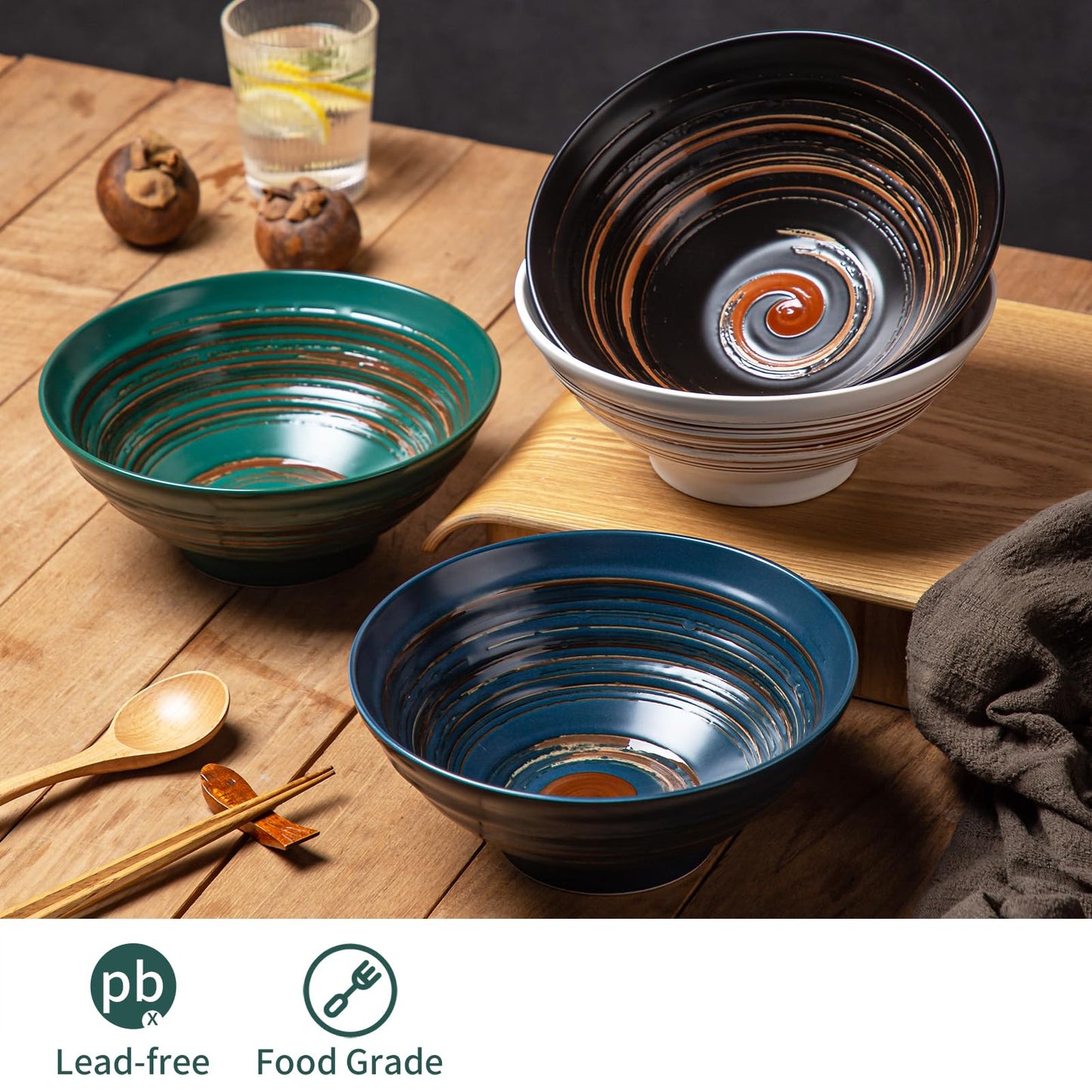 YUN TAO Ceramic Ramen Bowls Set of 4, 35 oz Large Japanese Style Serving Bowls for Salad,Udon, Soba, Pho,Pasta, Asian Soup Noodle,Suitable as Housewarming Gifts