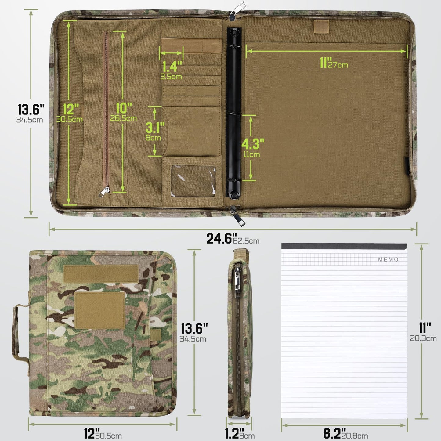 LIVANS Tactical Notebook Portfolio Padfolio Ring Binder with Zipper Army Military Notebook Planner Contains 25 Sheets A4 Letter Paper and Detachable 3-Ring Binder Multi-Storage Handle Bag for Out-work