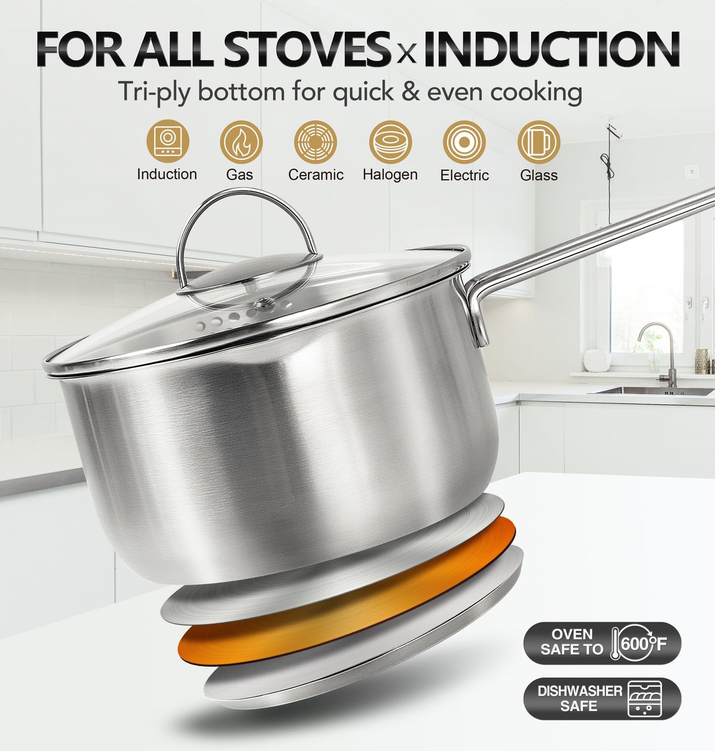 MICHELANGELO Stainless Steel Saucepan Set with Lid & Pour Spout 1QT & 2QT & 3QT, Tri-Ply Bottom Sauce Pan Set, Sauce Pot Set - 6 Pcs