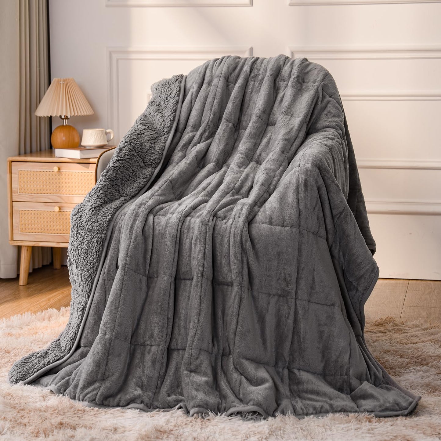 Sivio Weighted Blanket for Adult, 15lbs Sherpa Fleece Heavy Blanket Warm and Cozy Fluffy Throw, 60X80 Inch, Dual Sided Grey