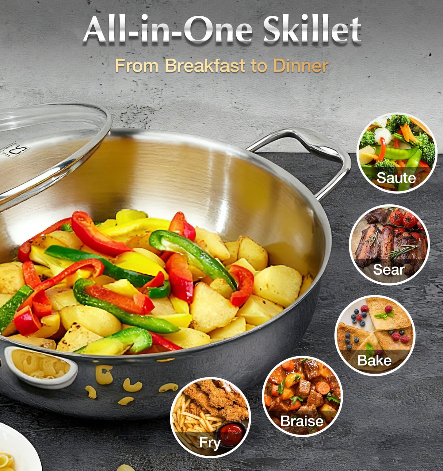 KOCH SYSTEME CS Tri-Ply Stainless Steel Saute Pan, 18/10 Stainless Steel Deep Frying Pan with Lid, Large Skillet with Double Handles, Induction Compatible, Oven Safe, Non Toxic, 6 Quart/12 Inch