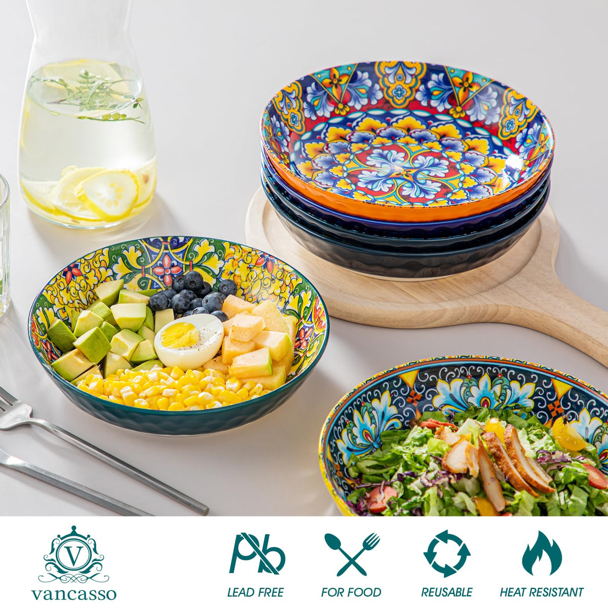 vancasso Pasta Bowls, Ceramic Salad Bowls of 6, 32 oz Large Corlorful Serving Bowls, Dishwasher & Microwave Safe Soup Bowls, Pasta Plates