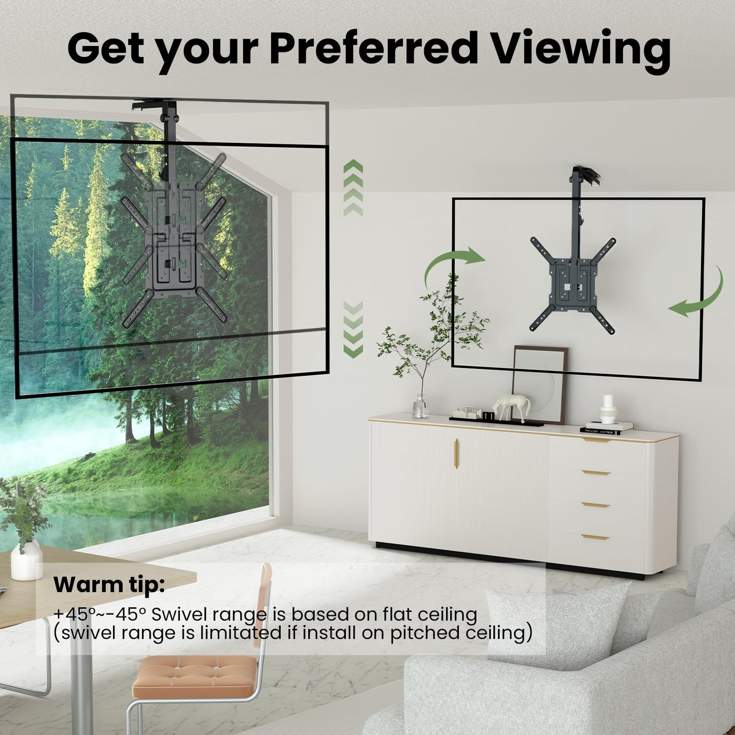 Ceiling TV-Mount Flip Down Folding - 23-55'' Manual Drop Down TV Mount, Fits Flat and Pitched Roof, Height Adjustable, Swivel, Max Load 44 lbs, Max VESA 400x400 mm, Black