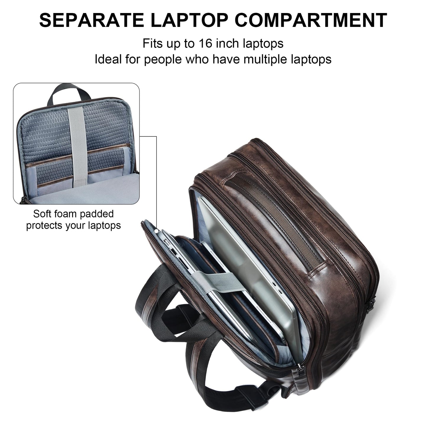 Vegan Leather Laptop Backpack for Women&Men,16 Inch Expandable Backpack with USB Charging Port,Two-toned Coffee