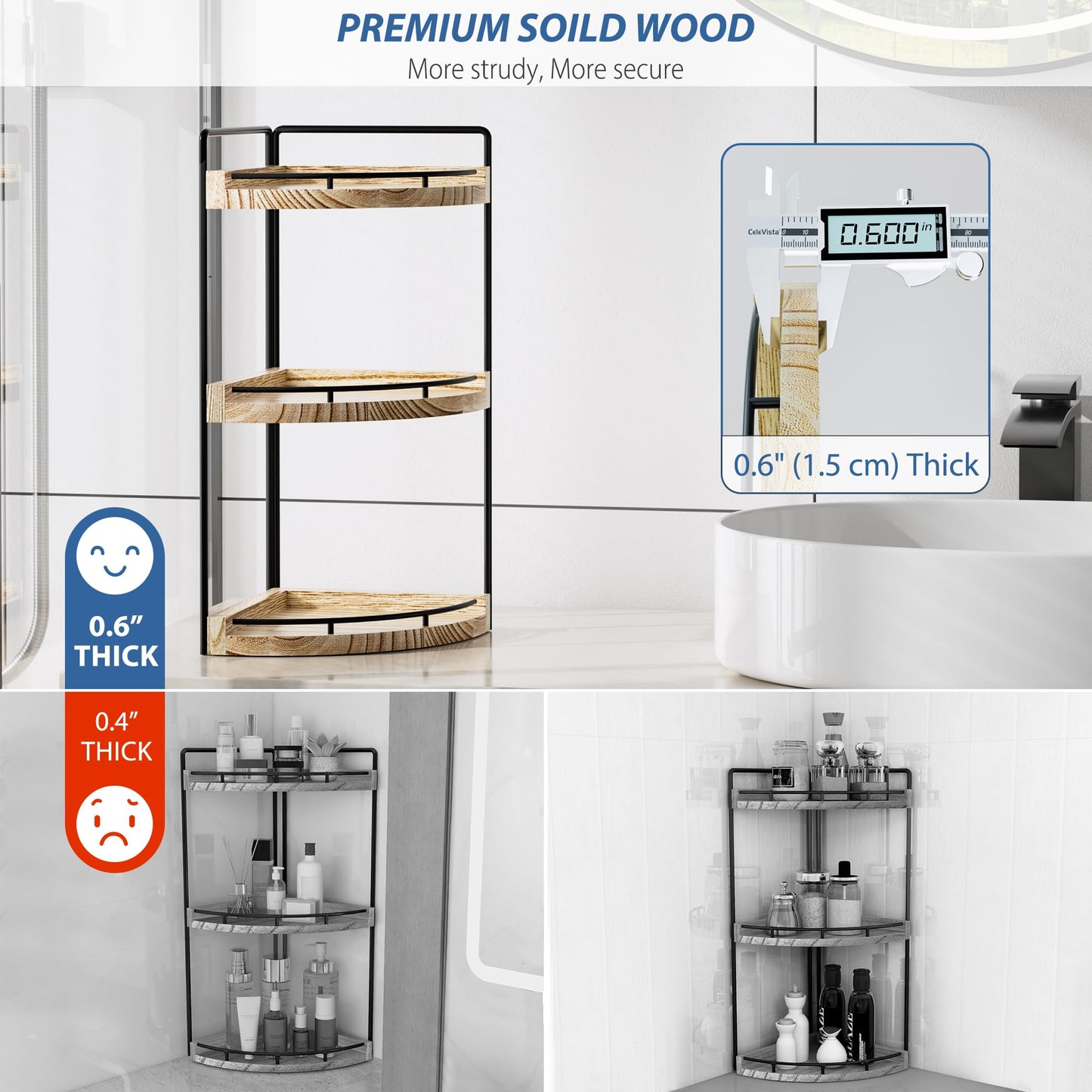 CeleVista Corner Bathroom Counter Organizer, 3 Tier Wood Vanity Storage, Waterproof Skincare Shelf for Kitchen & Toiletries Decor, Dresser(Rustic Brown)