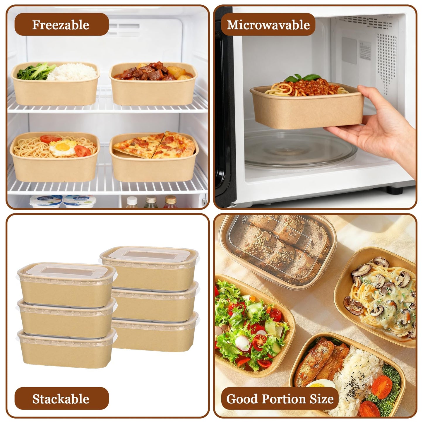 50 Set Kraft Paper Meal Prep Containers with Lids and Forks, 22oz Disposable Salad Bowls, Leakproof Takeout Food Boxes for Lunch Picnic Catering Party, Microwave & Freezer Safe