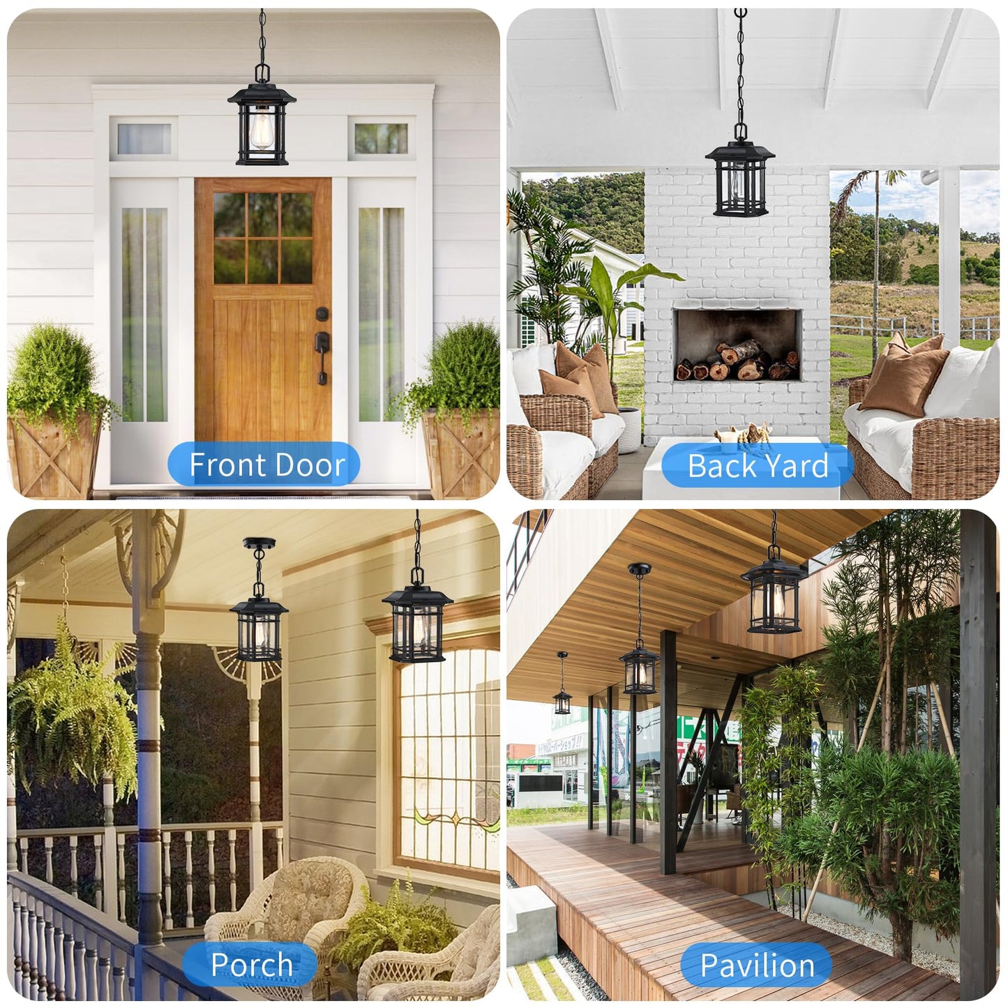 MYHXQ 11'' Outdoor Pendant Lights for Porch, Black Exterior Hanging Lanterns Outdoor, Farmhouse Outdoor Ceiling Light Fixture, Waterproof Tempered Seed Glass Outdoor Chandelier, 1Pack