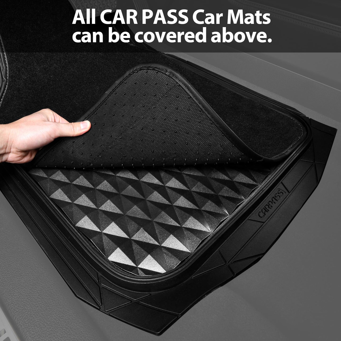 CAR PASS Rubber Car Floor Mats Full Set, Heavy Duty Deep Dish All-Weather Liners, 3D Anti-Slip Rhombus, Waterproof & Trim-to-Fit, Universal Fit for Cars, SUV & Truck, 3-Piece, Black
