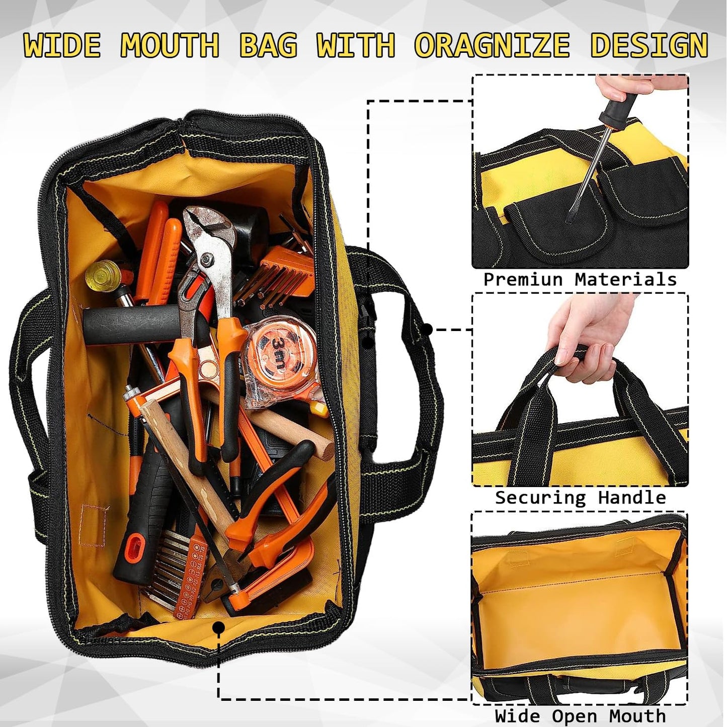 Tool Bag 13 Inch, 3 Pack Tool Bags For Men With Waterproof Hard Bottom, Heavy Duty Tool Bag Wide Mouth Tool Tote for Various Tools, Electrician Carpenter Mechanic