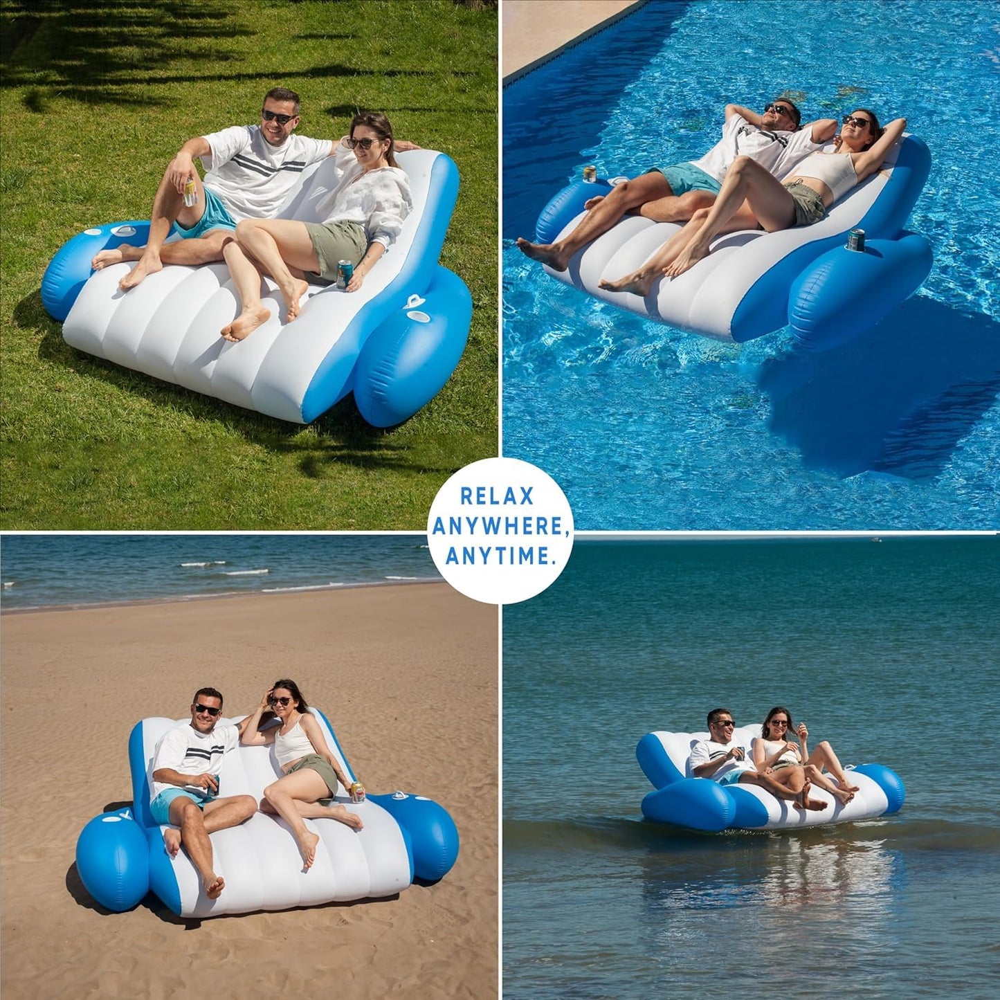 Zone Tech Inflatable Pool Recliner Luxury Float - High & Dry Duo, Cup Holders & Handles, Heavy-Duty Lounge for Swimming-Pool, Lake and River Raft, Beach Chair-Perfect Lounger Gift for Adults