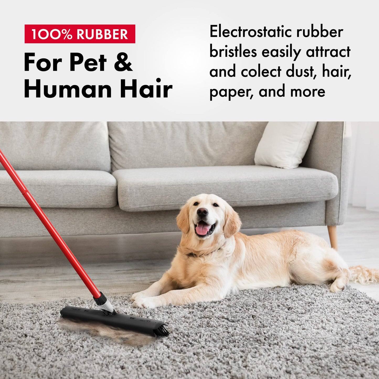 Tyroler 2-in-1 Silicone Broom & Floor Squeegee | Anti-Rust 4-Piece Handle | Perfect Pet Hair Removal for Patio, Floors, Rugs, Carpet Rake, Decks, Indoor/Outdoor (Black - Rubber)