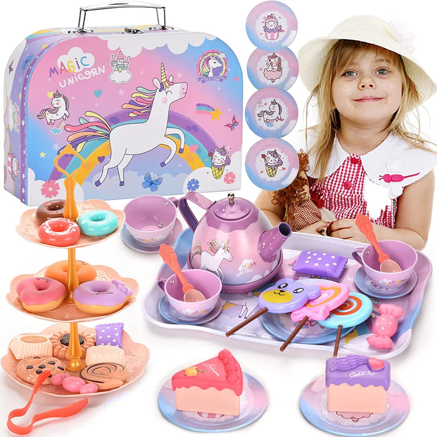 ZEAUBiM Kids Tea Set for Little Girls,Gift for Age 3 4 5 6 Year Old, Toddler Toys Tea Party Set for Little Girls, Princess Kids Kitchen Pretend Toy with Tin Tea Set (Unicorn Tin Teapot Set)